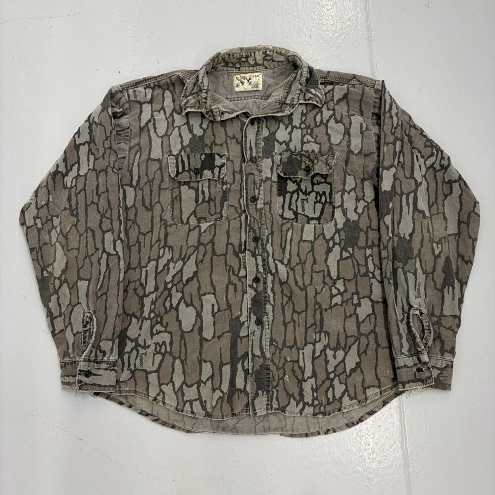 Vintage 80s Duck Bay Green Treebark Camo Cotton Shirt